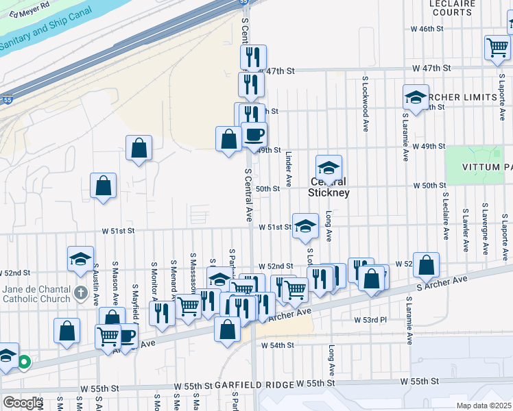 map of restaurants, bars, coffee shops, grocery stores, and more near 5051 South Central Avenue in Chicago