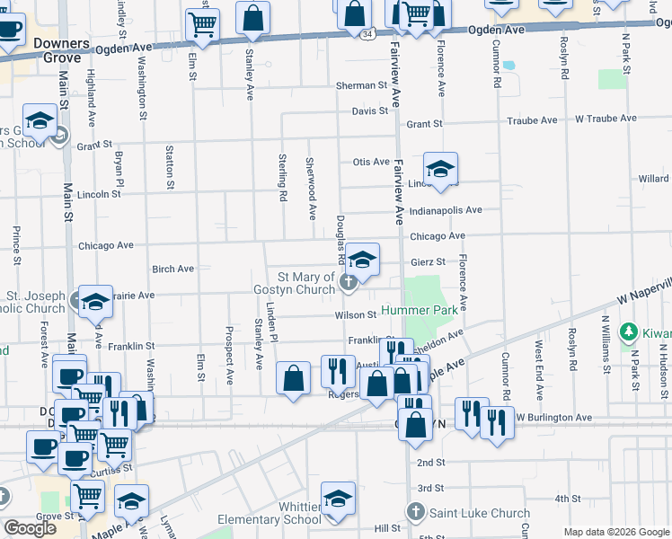 map of restaurants, bars, coffee shops, grocery stores, and more near 4737 Douglas Road in Downers Grove
