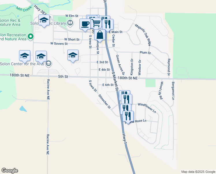 map of restaurants, bars, coffee shops, grocery stores, and more near 323 East 6th Street in Solon
