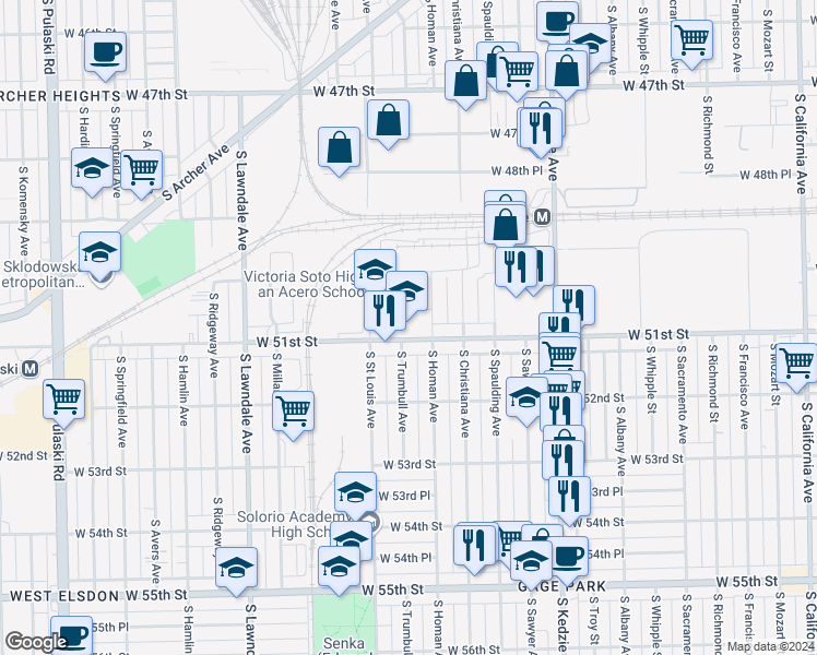 map of restaurants, bars, coffee shops, grocery stores, and more near 5050 South Homan Avenue in Chicago