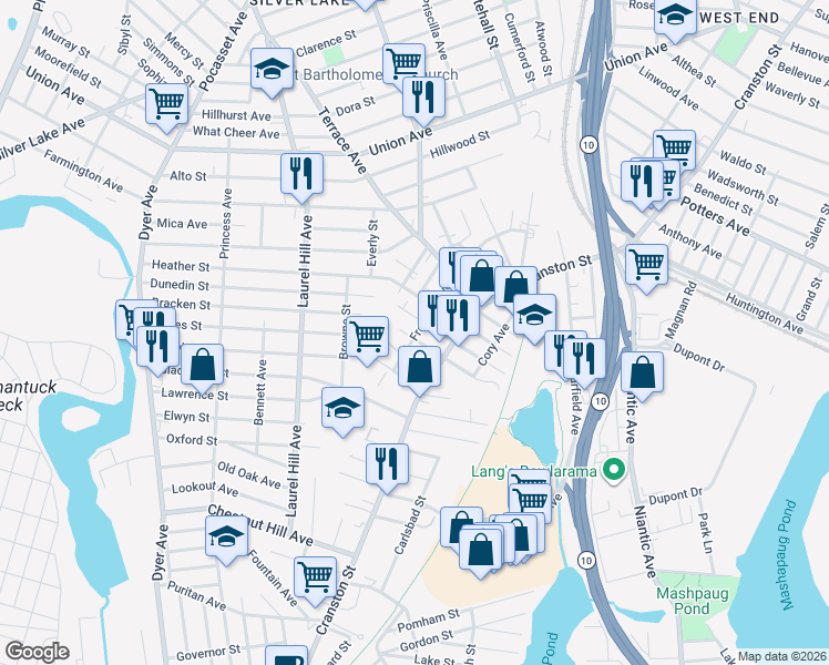 map of restaurants, bars, coffee shops, grocery stores, and more near 155 Franklin Avenue in Cranston