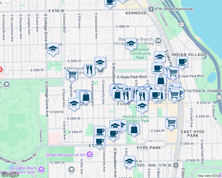 map of restaurants, bars, coffee shops, grocery stores, and more near 1204 East 53rd Street in Chicago