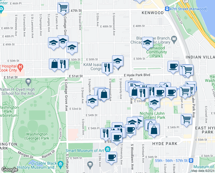 map of restaurants, bars, coffee shops, grocery stores, and more near 5142 South Greenwood Avenue in Chicago