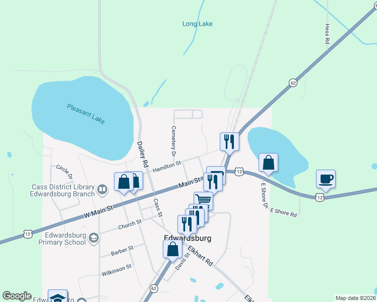 map of restaurants, bars, coffee shops, grocery stores, and more near 68738 East Street in Edwardsburg