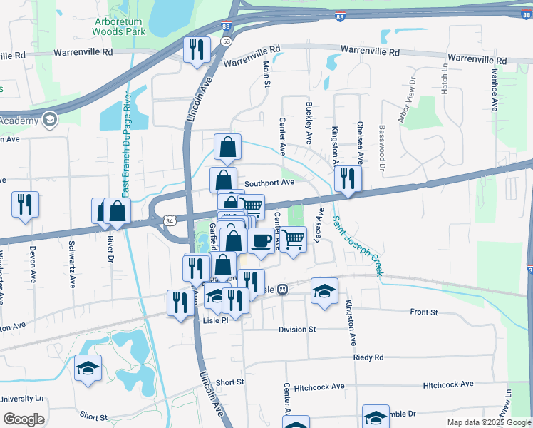 map of restaurants, bars, coffee shops, grocery stores, and more near 4714 Center Avenue in Lisle
