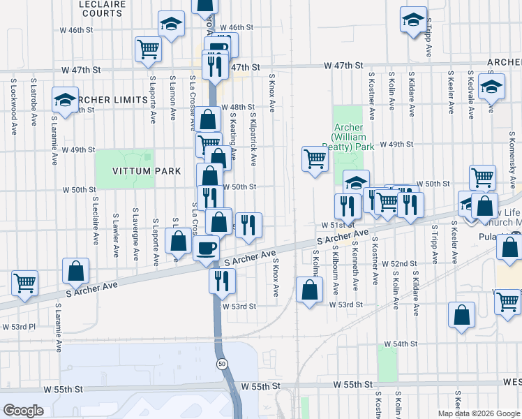 map of restaurants, bars, coffee shops, grocery stores, and more near 4634 West 51st Street in Chicago