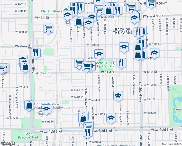 map of restaurants, bars, coffee shops, grocery stores, and more near 5102 South Winchester Avenue in Chicago