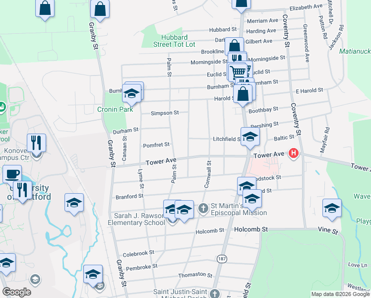 map of restaurants, bars, coffee shops, grocery stores, and more near 65 Hartland Street in Hartford