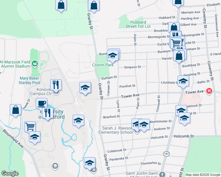 map of restaurants, bars, coffee shops, grocery stores, and more near 30 Canaan Street in Hartford