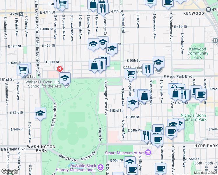 map of restaurants, bars, coffee shops, grocery stores, and more near 801 East Drexel Square in Chicago