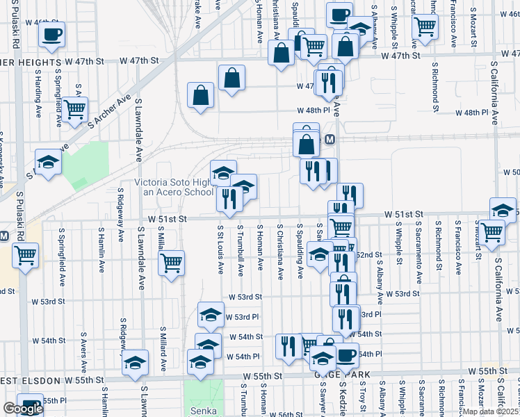 map of restaurants, bars, coffee shops, grocery stores, and more near 5050 South Homan Avenue in Chicago