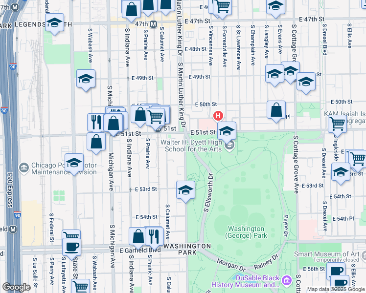 map of restaurants, bars, coffee shops, grocery stores, and more near 5152 South Doctor Martin Luther King Junior Drive in Chicago