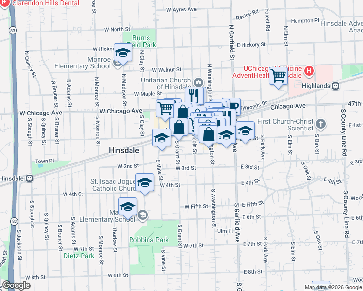 map of restaurants, bars, coffee shops, grocery stores, and more near 107 South Grant Street in Hinsdale
