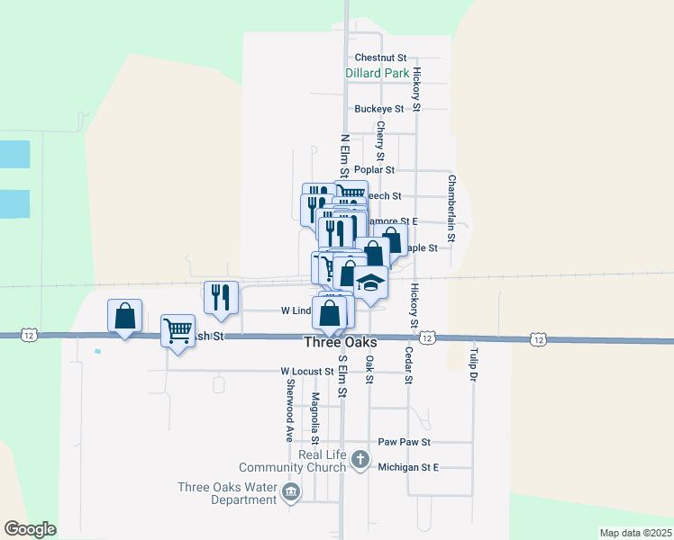 map of restaurants, bars, coffee shops, grocery stores, and more near 3 North Elm Street in Three Oaks