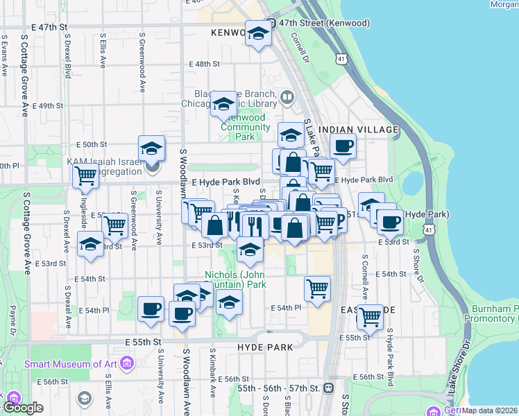 map of restaurants, bars, coffee shops, grocery stores, and more near 5218 South Dorchester Avenue in Chicago