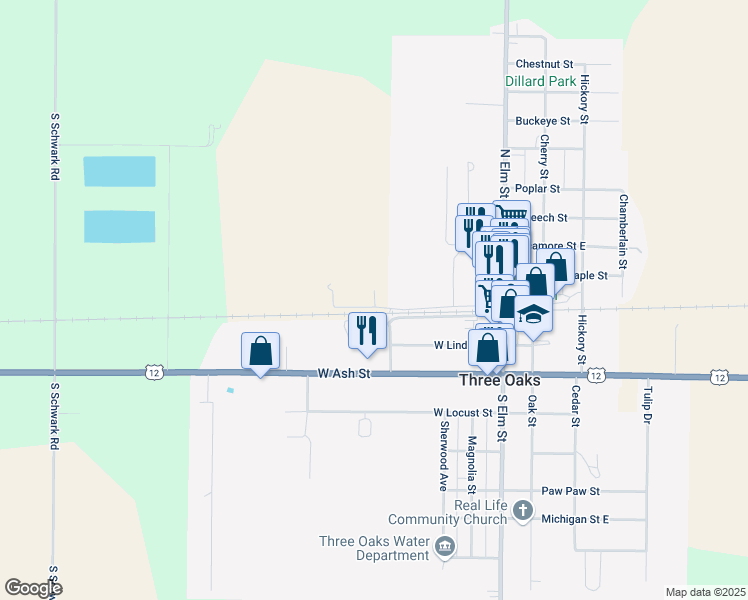 map of restaurants, bars, coffee shops, grocery stores, and more near 41 Central in Three Oaks