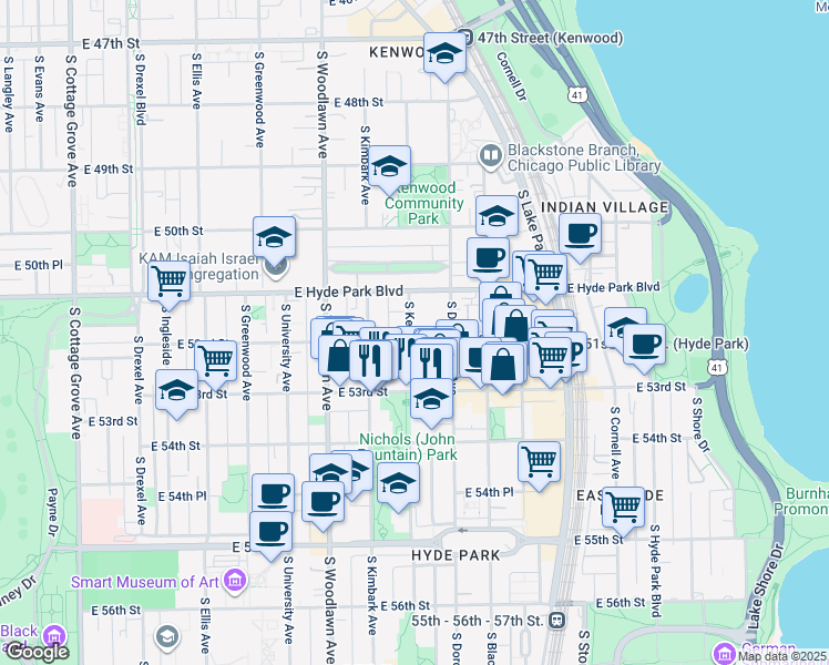 map of restaurants, bars, coffee shops, grocery stores, and more near 5135 South Kenwood Avenue in Chicago