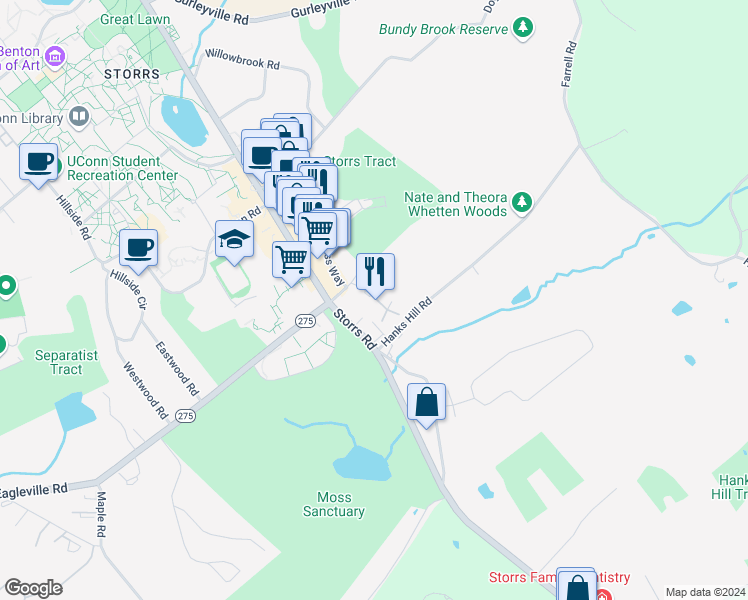 map of restaurants, bars, coffee shops, grocery stores, and more near 147 Courtyard Lane in Mansfield