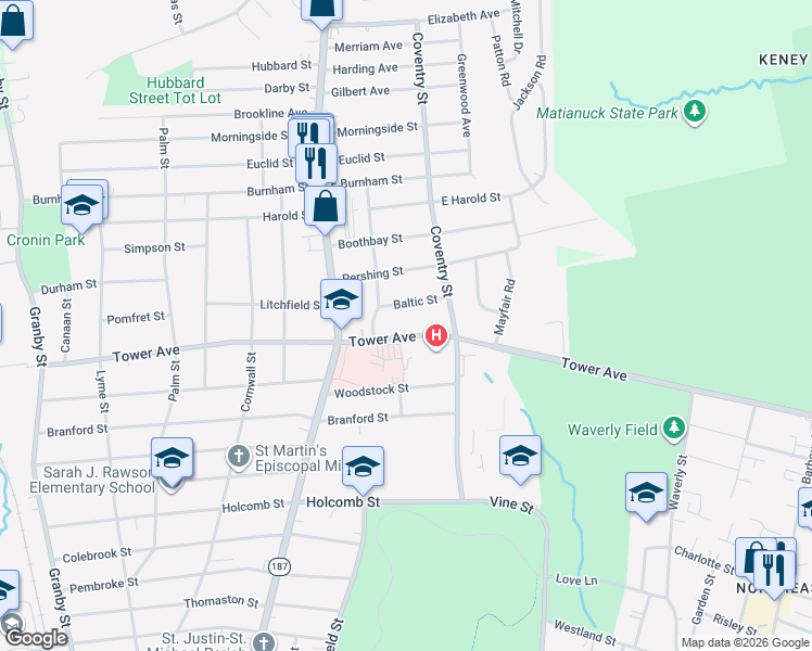 map of restaurants, bars, coffee shops, grocery stores, and more near 615 Tower Avenue in Hartford