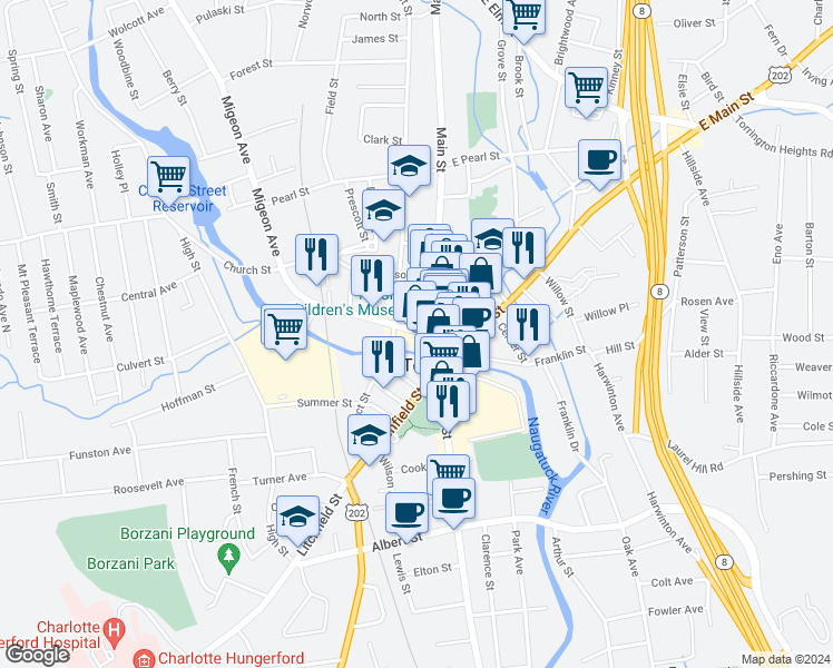 map of restaurants, bars, coffee shops, grocery stores, and more near 45 Water Street in Torrington