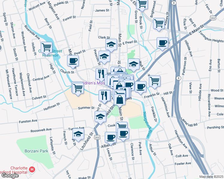 map of restaurants, bars, coffee shops, grocery stores, and more near 45 Water Street in Torrington