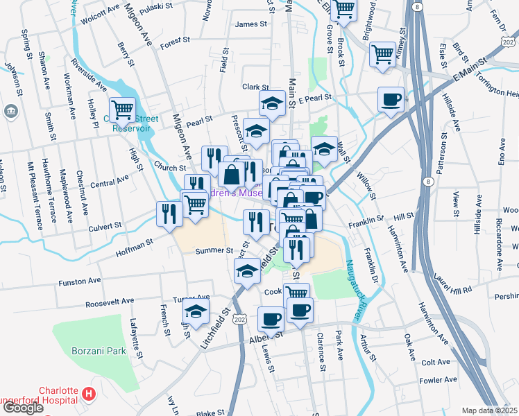 map of restaurants, bars, coffee shops, grocery stores, and more near 175 Prospect St in Torrington
