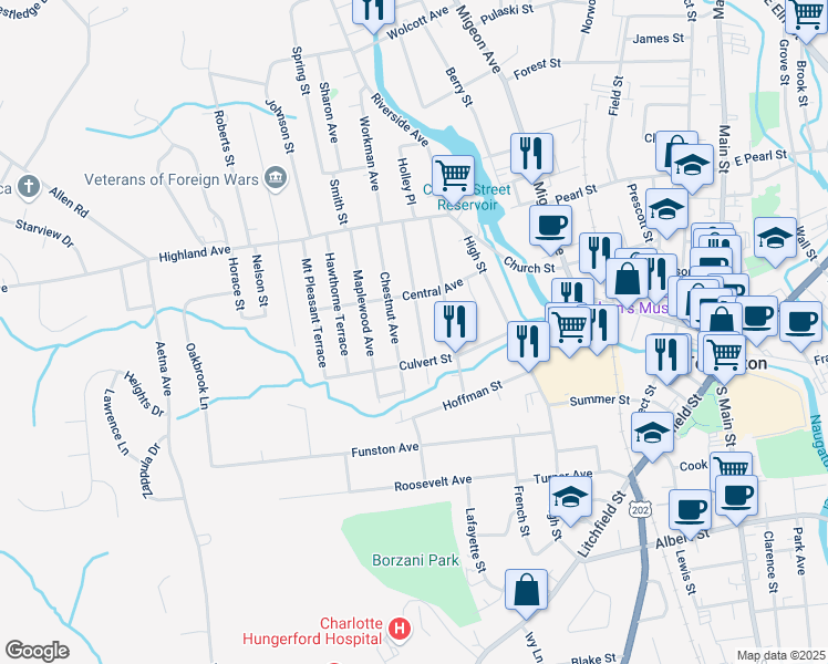 map of restaurants, bars, coffee shops, grocery stores, and more near 178 Chestnut Avenue in Torrington