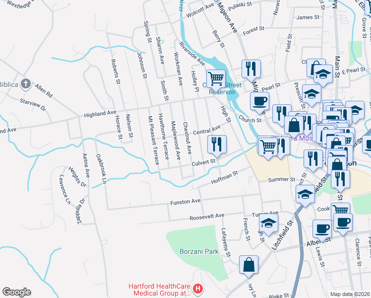 map of restaurants, bars, coffee shops, grocery stores, and more near 178 Chestnut Avenue in Torrington