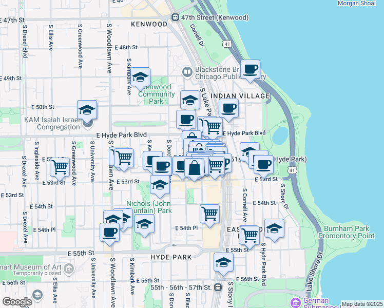 map of restaurants, bars, coffee shops, grocery stores, and more near 5210s South Harper Avenue in Chicago