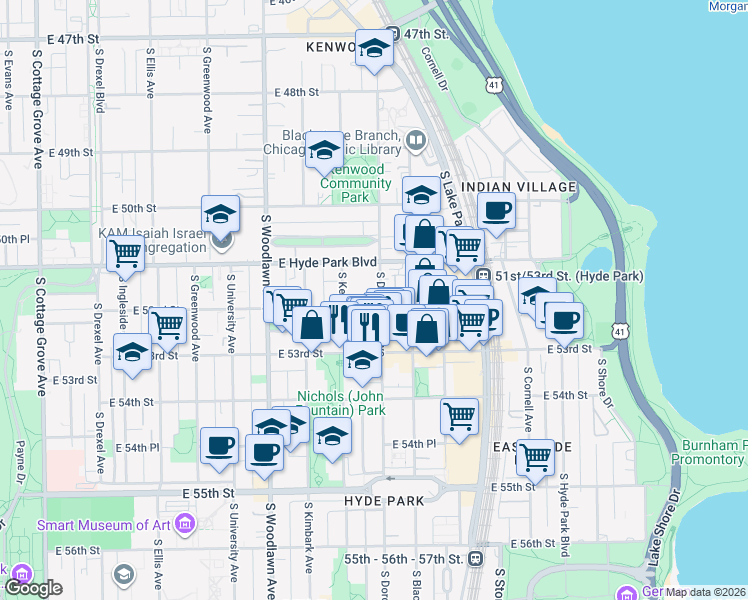 map of restaurants, bars, coffee shops, grocery stores, and more near 5218 South Dorchester Avenue in Chicago