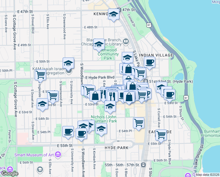 map of restaurants, bars, coffee shops, grocery stores, and more near 5218 South Dorchester Avenue in Chicago