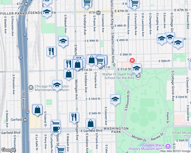 map of restaurants, bars, coffee shops, grocery stores, and more near 5152 South Prairie Avenue in Chicago
