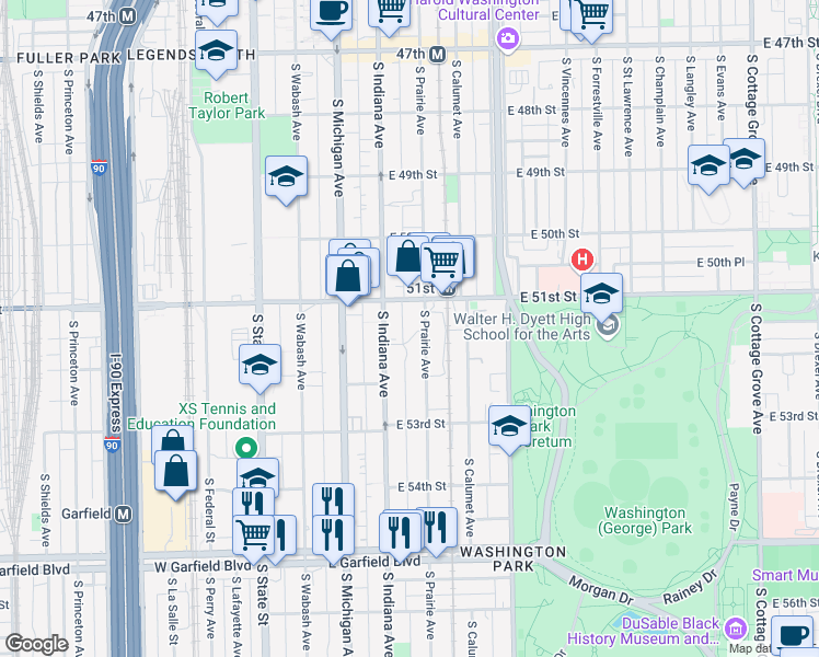 map of restaurants, bars, coffee shops, grocery stores, and more near 5152 South Prairie Avenue in Chicago