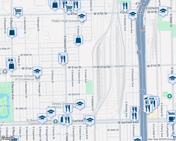 map of restaurants, bars, coffee shops, grocery stores, and more near 5132 South Lowe Avenue in Chicago