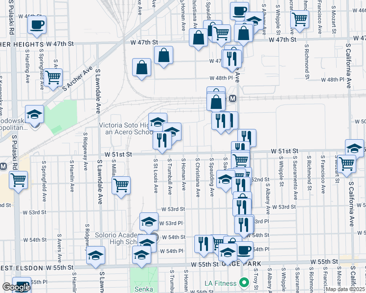 map of restaurants, bars, coffee shops, grocery stores, and more near 3345 West 51st Street in Chicago