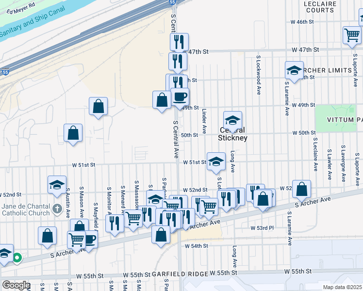 map of restaurants, bars, coffee shops, grocery stores, and more near 5051 South Central Avenue in Chicago
