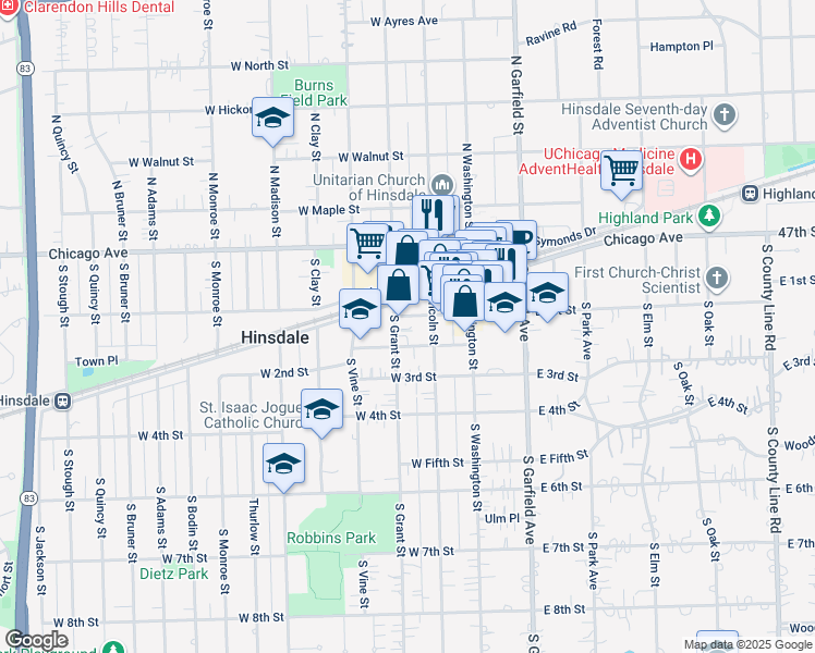 map of restaurants, bars, coffee shops, grocery stores, and more near 116 West 2nd Street in Hinsdale