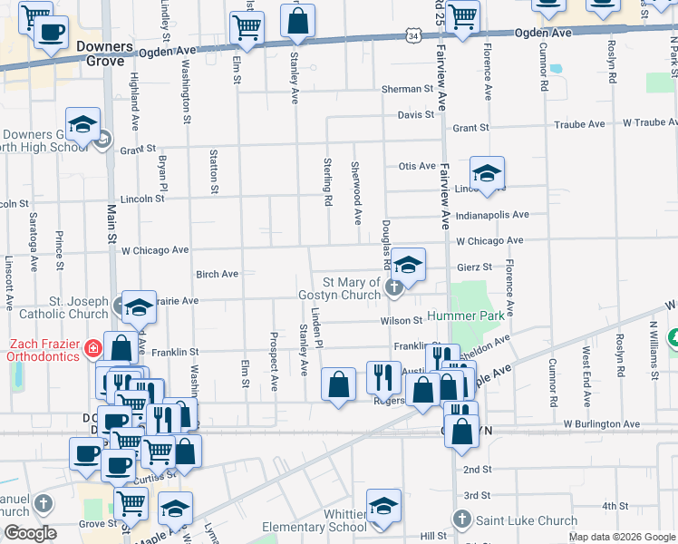 map of restaurants, bars, coffee shops, grocery stores, and more near 604 Prairie Avenue in Downers Grove