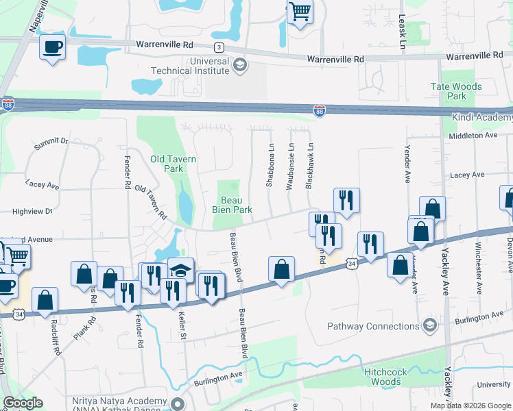 map of restaurants, bars, coffee shops, grocery stores, and more near 4600 Wedgewood Court in Lisle