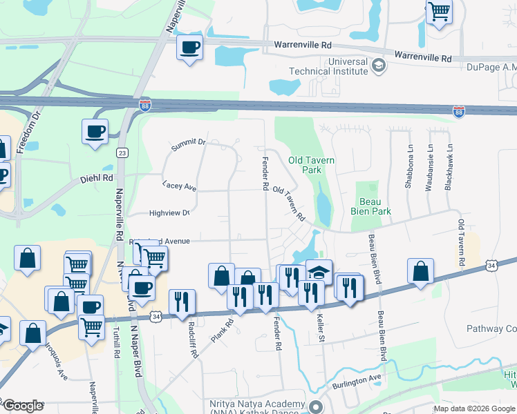 map of restaurants, bars, coffee shops, grocery stores, and more near 4550 Fender Road in Lisle