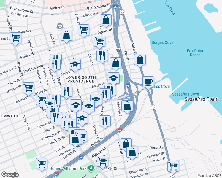map of restaurants, bars, coffee shops, grocery stores, and more near 1000 Eddy Street in Providence