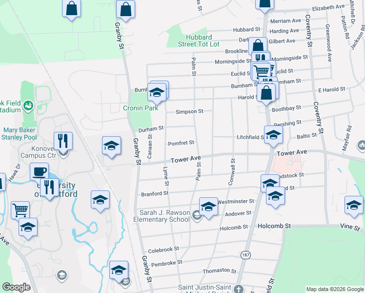 map of restaurants, bars, coffee shops, grocery stores, and more near 25 Pomfret Street in Hartford