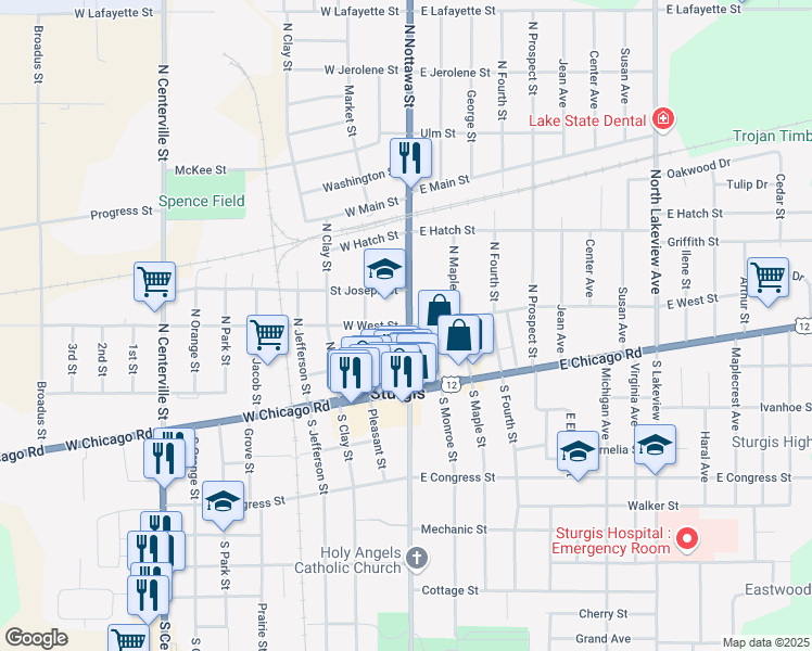 map of restaurants, bars, coffee shops, grocery stores, and more near 107 West West Street in Sturgis