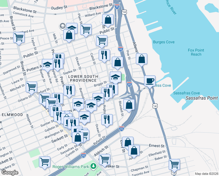 map of restaurants, bars, coffee shops, grocery stores, and more near 989 Eddy Street in Providence