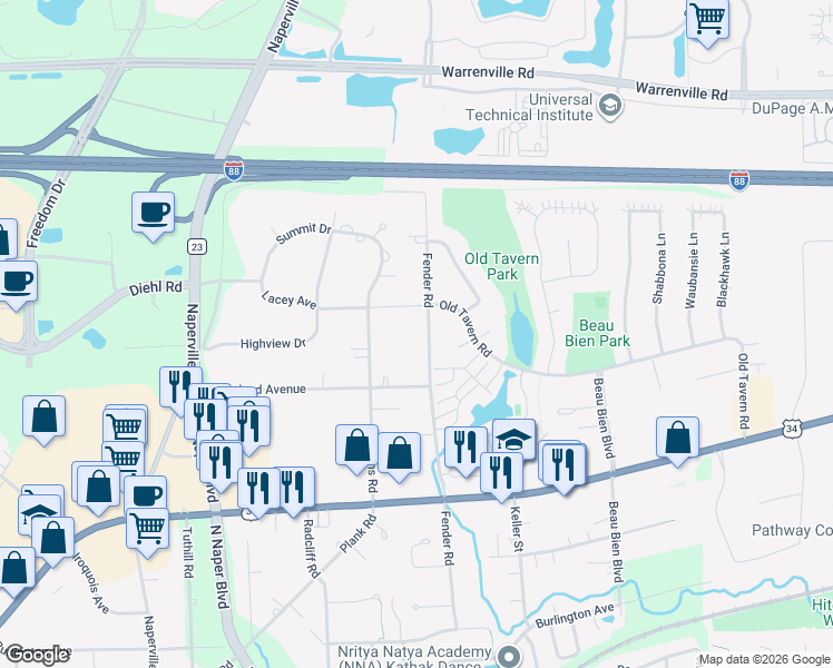 map of restaurants, bars, coffee shops, grocery stores, and more near 4550 Fender Road in Lisle