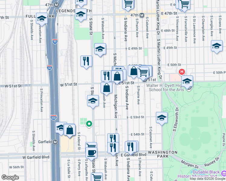 map of restaurants, bars, coffee shops, grocery stores, and more near 5124 South Michigan Avenue in Chicago