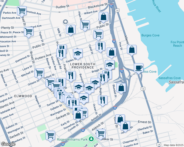 map of restaurants, bars, coffee shops, grocery stores, and more near 34 Gallup Street in Providence
