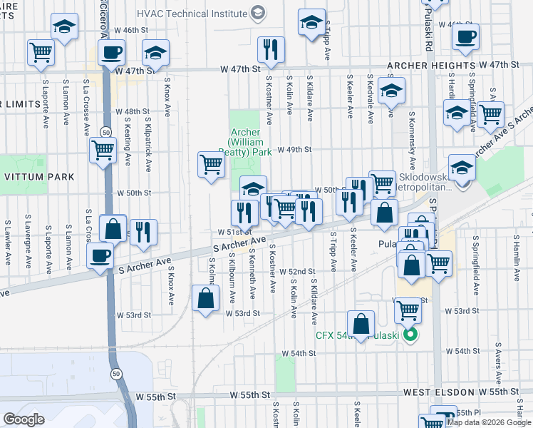 map of restaurants, bars, coffee shops, grocery stores, and more near 5034 4400 W in Chicago