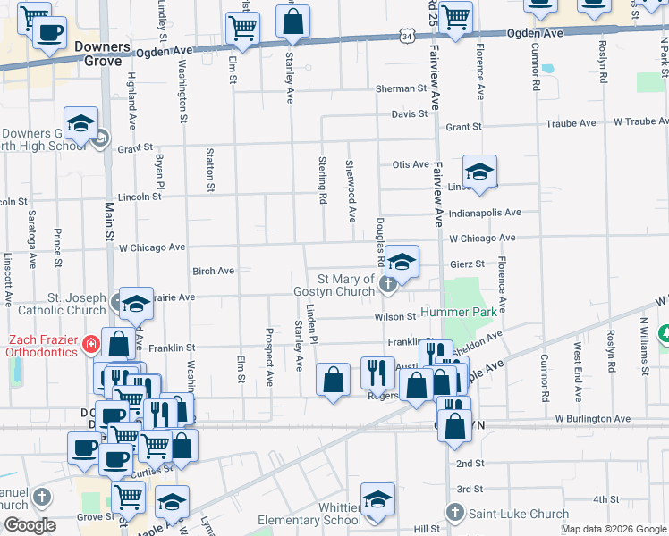 map of restaurants, bars, coffee shops, grocery stores, and more near 604 Prairie Avenue in Downers Grove