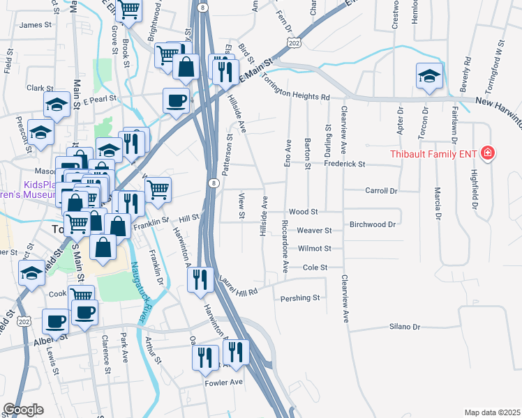 map of restaurants, bars, coffee shops, grocery stores, and more near 280 Hillside Avenue in Torrington